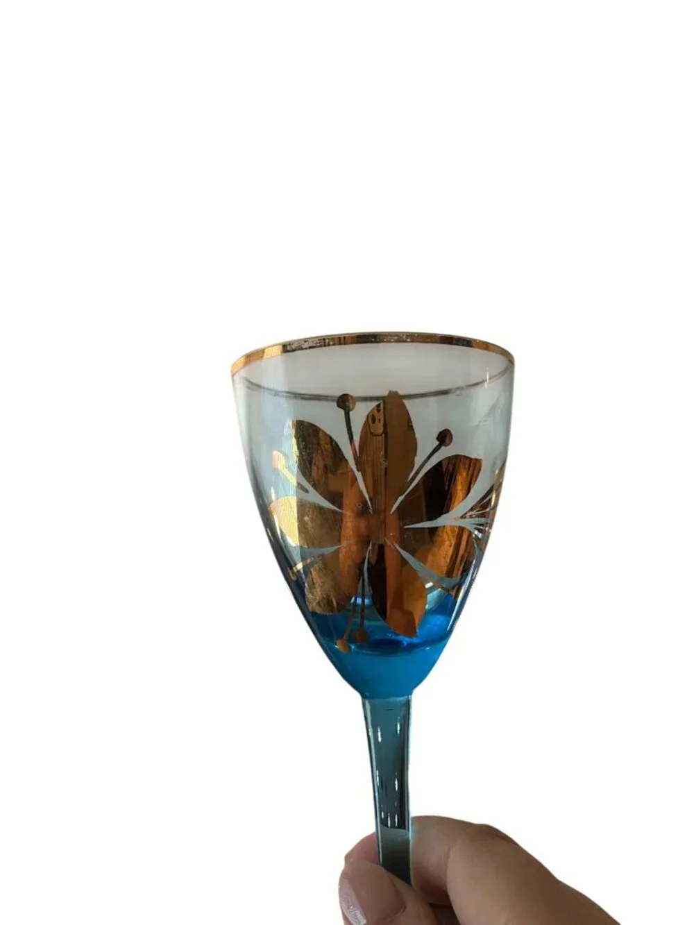 Vintage Ice Blue Wine Glasses Gold Floral Design Set Of 2 Elegant Stemware